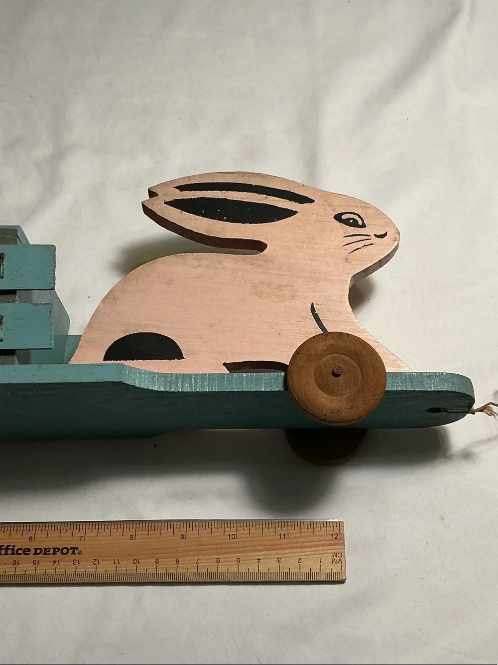 Antique Unique Rare 1900’s Pink Bunny Pull Toy w/ Teal Wagon over 125 years old